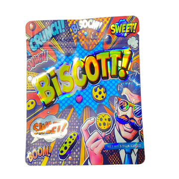 Colorful packaging of Biscotti with vibrant text and graphics on a white background