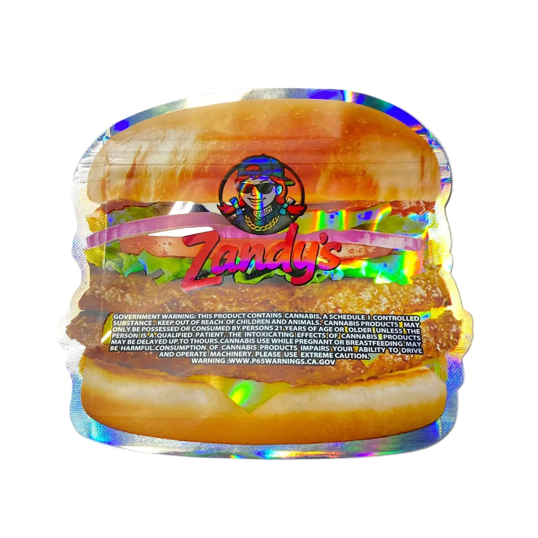 Holographic burger-shaped container with colorful design and 'Zandy's' branding on a gray background.