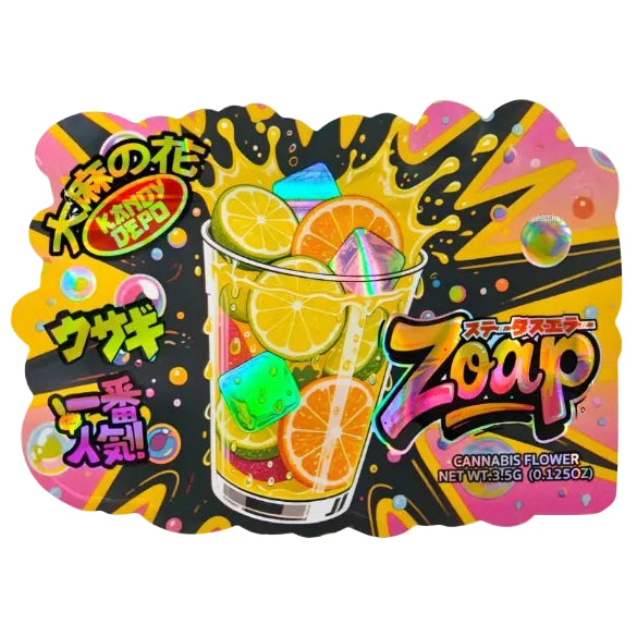 Zoap Cannabidi Depo cannabis flower gummy packaging, featuring a colorful graphic of a glass filled with citrus slices, gummy candies, and ice cubes on a black, yellow, and pink splattered background.