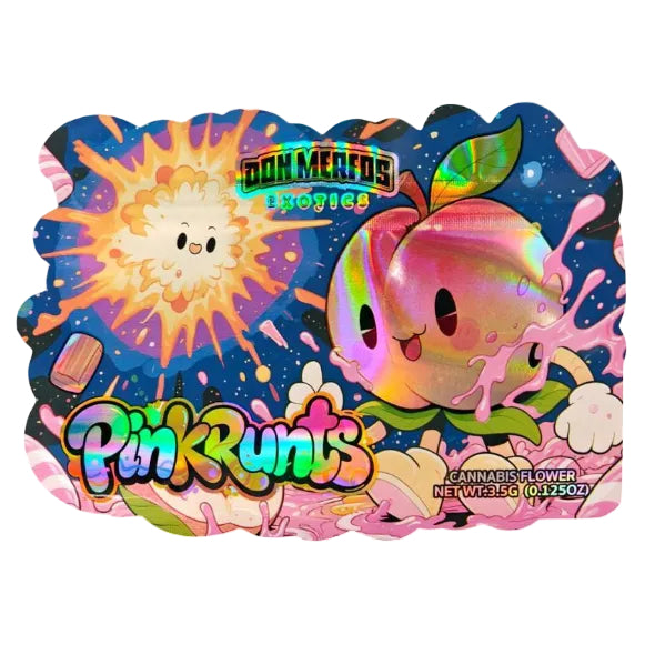 A colorful cartoon-style product label or packaging artwork featuring a smiling pink peach with a green leaf and the text 'Don Merfos Exotics' and 'PinkRunts.' The design includes a sun, splashes, stars, and additional decorative text on a dark blue background.