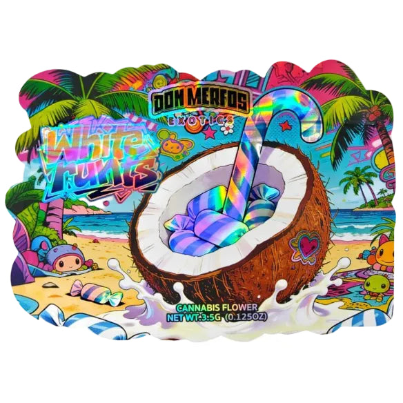 A colorful illustrated package design for Don Merfolb Noveltyz White Fluffz cannabis flower, featuring a coconut cup filled with pastel candy-colored substance, tropical beach scene, candy cane, and bold neon text.