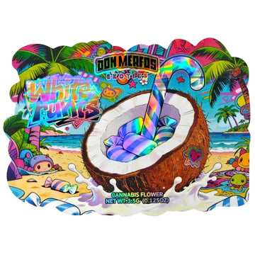 A colorful illustrated package design for Don Merfolb Noveltyz White Fluffz cannabis flower, featuring a coconut cup filled with pastel candy-colored substance, tropical beach scene, candy cane, and bold neon text.