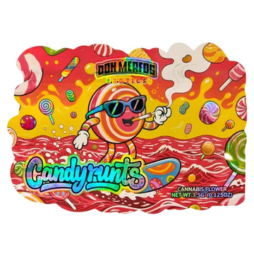 Candy kunts flower packaging by Don Merfods Exotics, featuring a colorful cartoon lollipop character wearing sunglasses and a joint, with candy-themed graphics and the text 'Candy kunts' and 'CANNABIS FLOWER'.