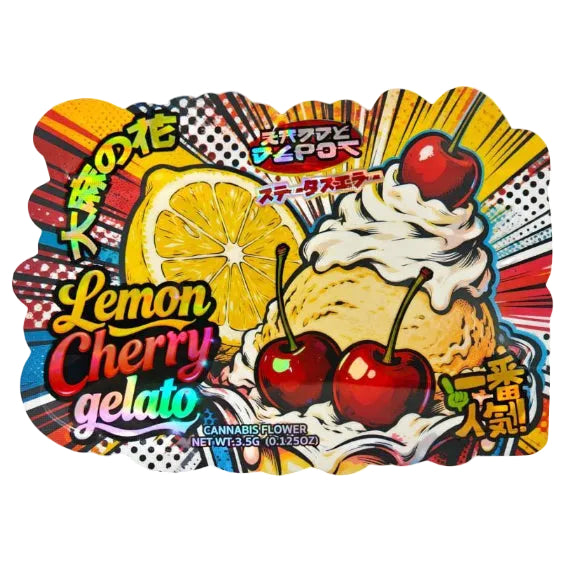 A colorful retro-style product label or packaging graphic for 'Lemon Cherry gelato' with illustrated cherries, whipped cream, a lemon slice, and bold Japanese text on a white background with black letterboxing above and below.