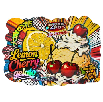 A colorful retro-style product label or packaging graphic for 'Lemon Cherry gelato' with illustrated cherries, whipped cream, a lemon slice, and bold Japanese text on a white background with black letterboxing above and below.