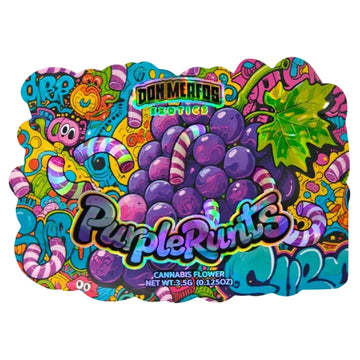 A colorful product label or packaging artwork for 'Purple Runs' cannabis flower by Donmerf Bros. The design features a large cluster of purple grapes, candy canes, a green leaf, and graffiti-style lettering over a busy multicolor background.