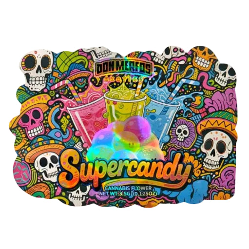 Don Mericos 'Candy' SuperCandy cannabis flower packaging, featuring a vibrant, colorful Day of the Dead (Dia de los Muertos) style graphic design with skulls, drinks, and a holographic candy graphic in the center.