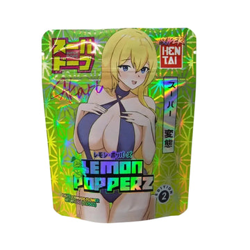A stand-up pouch package for Lemon Popperz, featuring a blonde anime-style character in a revealing swimsuit on a bright holographic green background. Visible branding includes Lemon Popperz and HEN TAI.